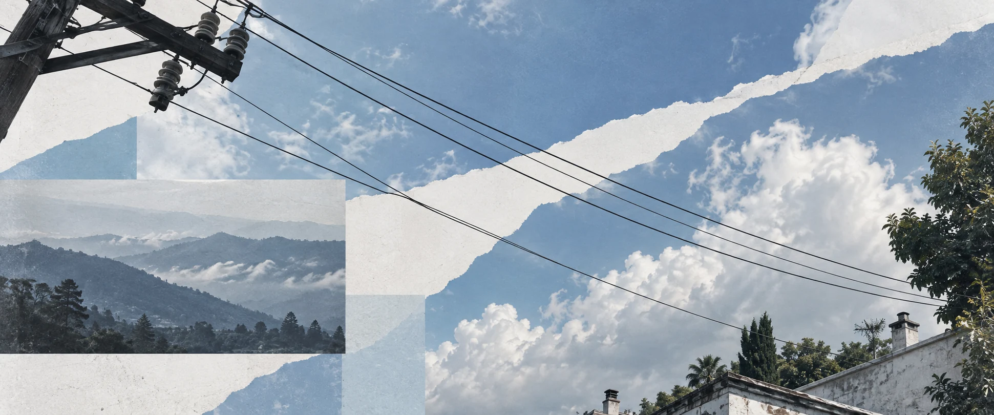 Overhead cables and utility structures layered with blue sky, paper and distant hills