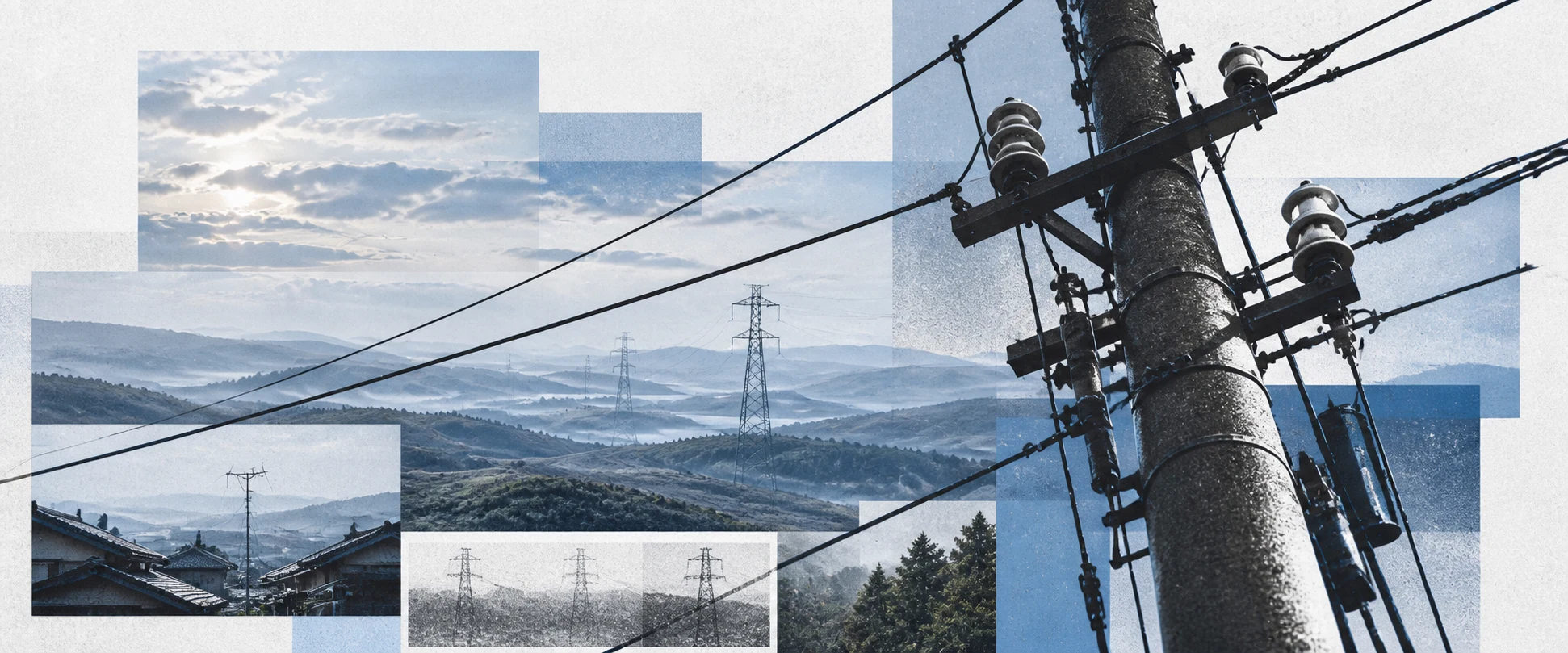 Layered blue landscapes joined by overhead wires