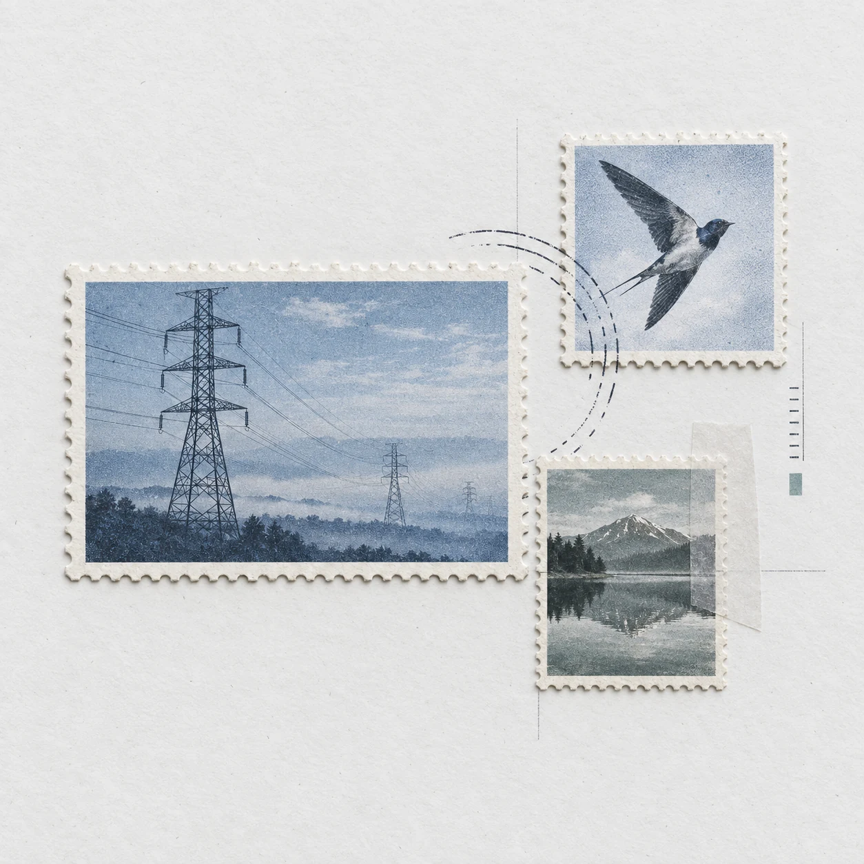 Original art stamps showing a pylon, a bird, and a mountain lake on pale printed paper