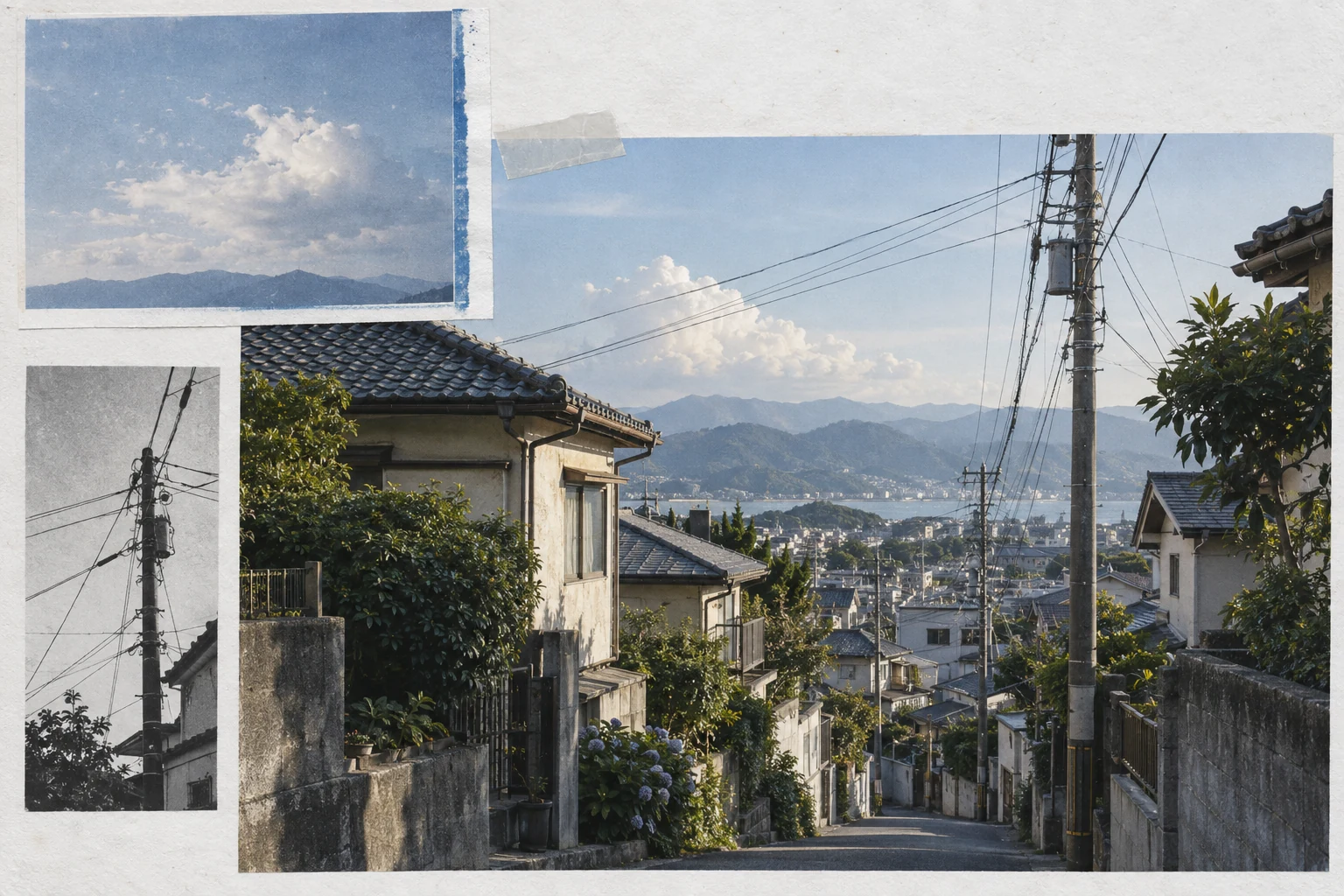 Layered neighborhood rooftops and overhead wires in a pale blue photographic collage
