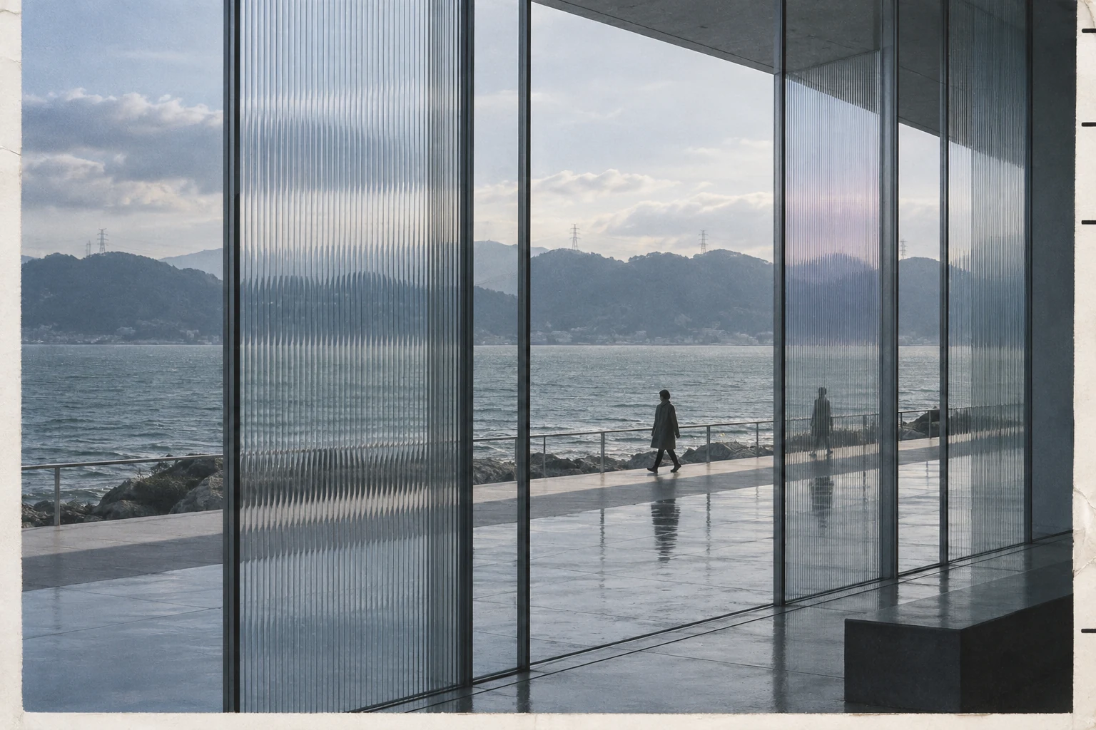 A person walking beside the coast, seen through ribbed glass with pylons on the distant hillside