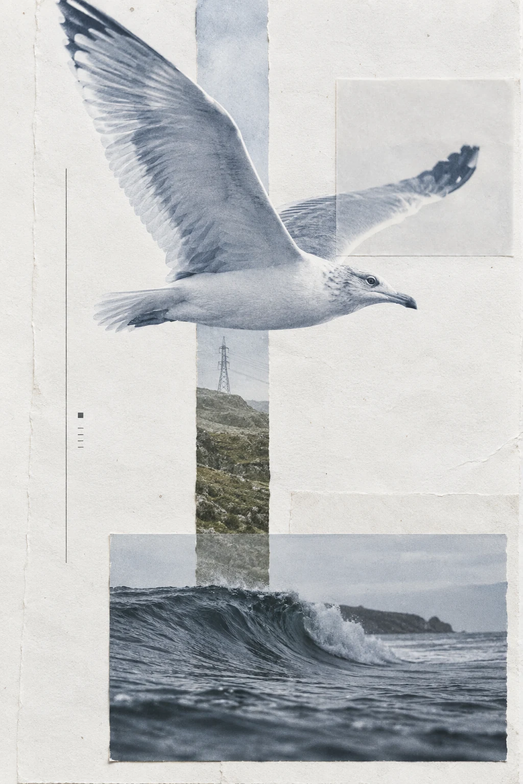 A bird and coastal landscape layered into an archival paper collage