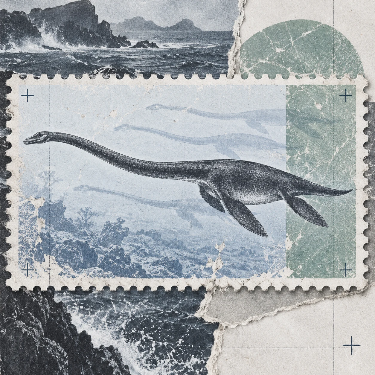 An Elasmosaurus illustration on worn perforated paper, layered with blue waves and a sea-green print