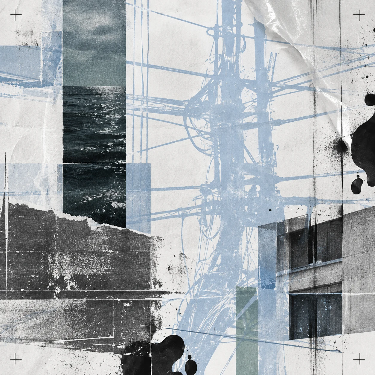 Blue cable traces and concrete architecture layered with eroded print, translucent film and abstract ink shapes